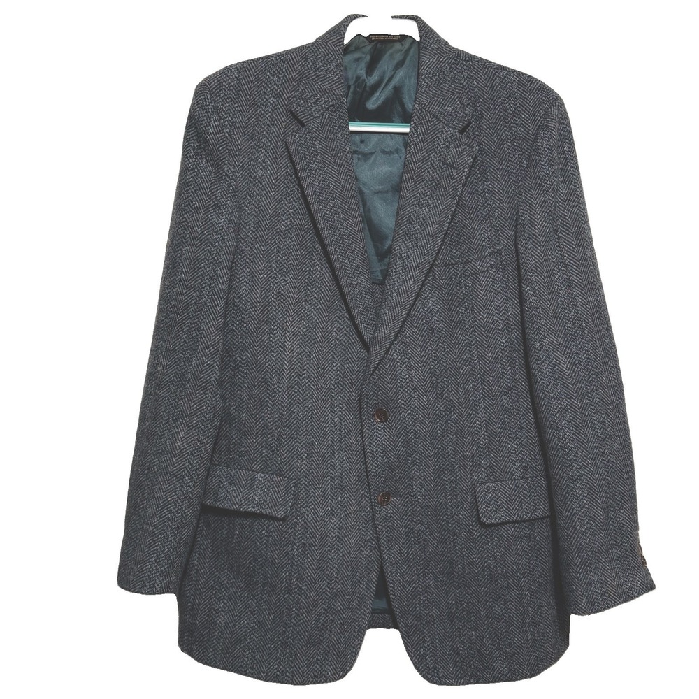 John Weitz Harris Tweed Blue Gray Herringbone Wool Sport Coat Mens 44R